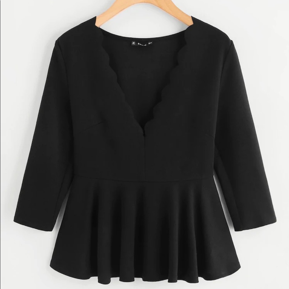 Black Scalloped Hem Peplum Top Medium